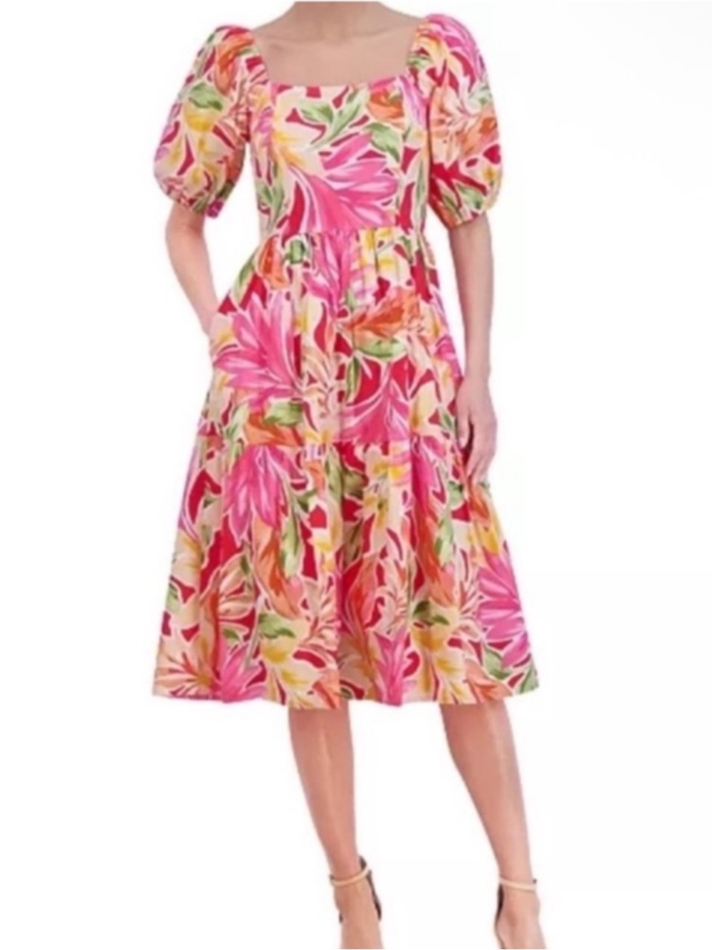 Vince Camuto Pink Floral Puff-Sleeve Midi Dress